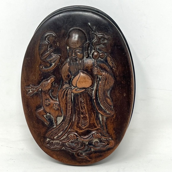Chinese Ink Stone With Lid Terra Cotta Clay Oval Storage Asian Man Deer Bat Bird